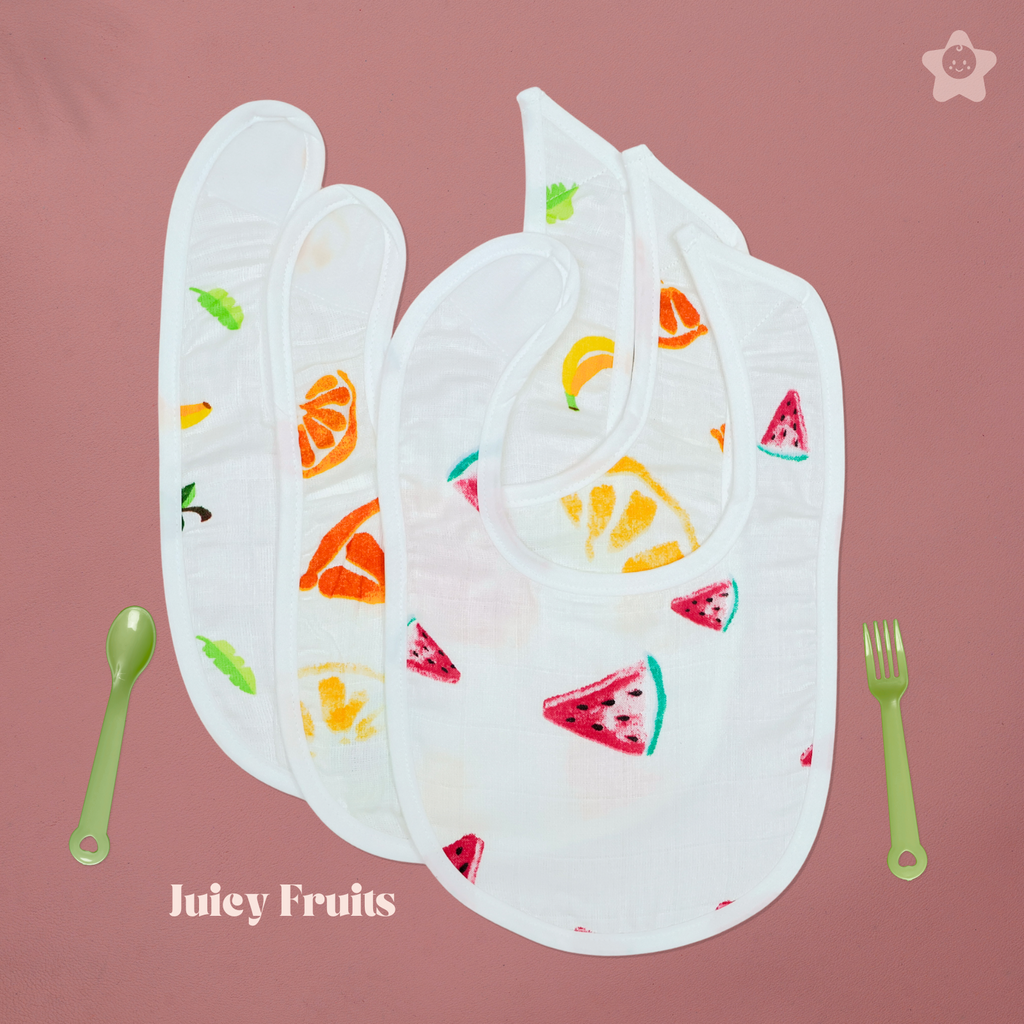 Kika Kiki Juicy Fruits Print Baby Apron Bibs - 100% Soft Muslin Cotton (Pack of 3)