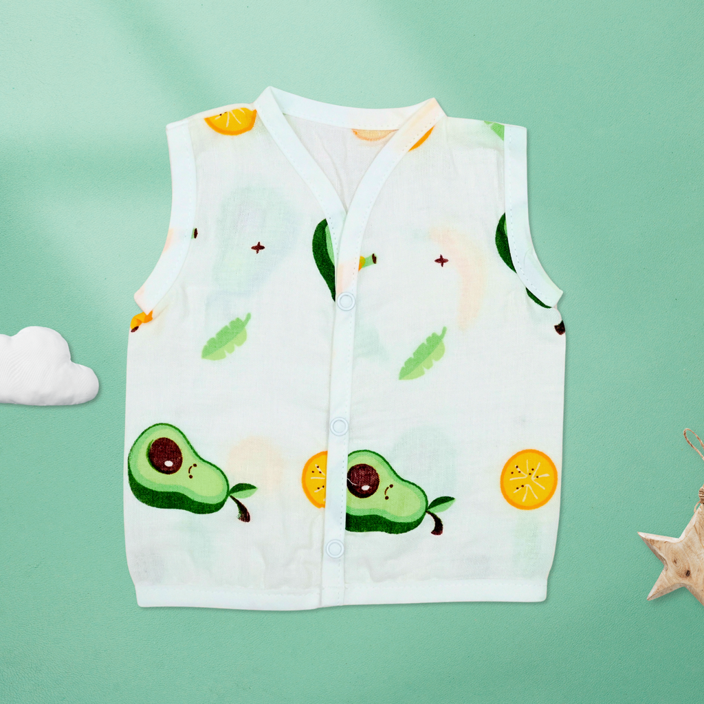Kika Kiki Juicy Fruits Edition Muslin Jhabla - 100% Soft Muslin Cotton Unisex Button up Vest (Pack of 3)