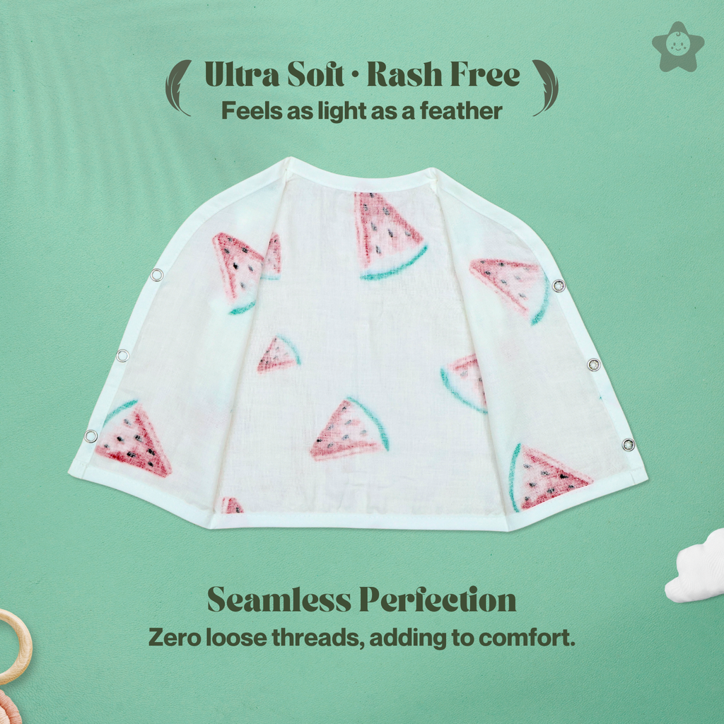 Kika Kiki Juicy Fruits Edition Muslin Jhabla - 100% Soft Muslin Cotton Unisex Button up Vest (Pack of 3)