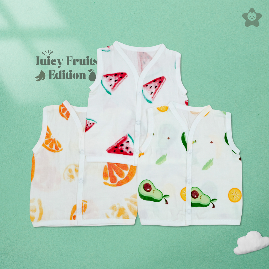 Kika Kiki Juicy Fruits Edition Muslin Jhabla - 100% Soft Muslin Cotton Unisex Button up Vest (Pack of 3)