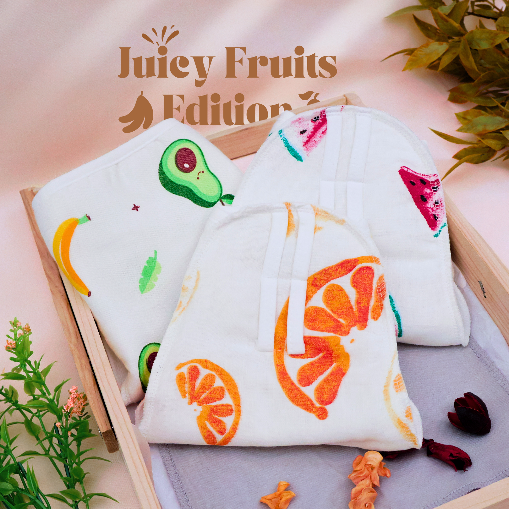 Kika Kiki Juicy Fruits Edition Muslin Padded Nappies - 100% Soft Cotton Langot (Pack of 3)