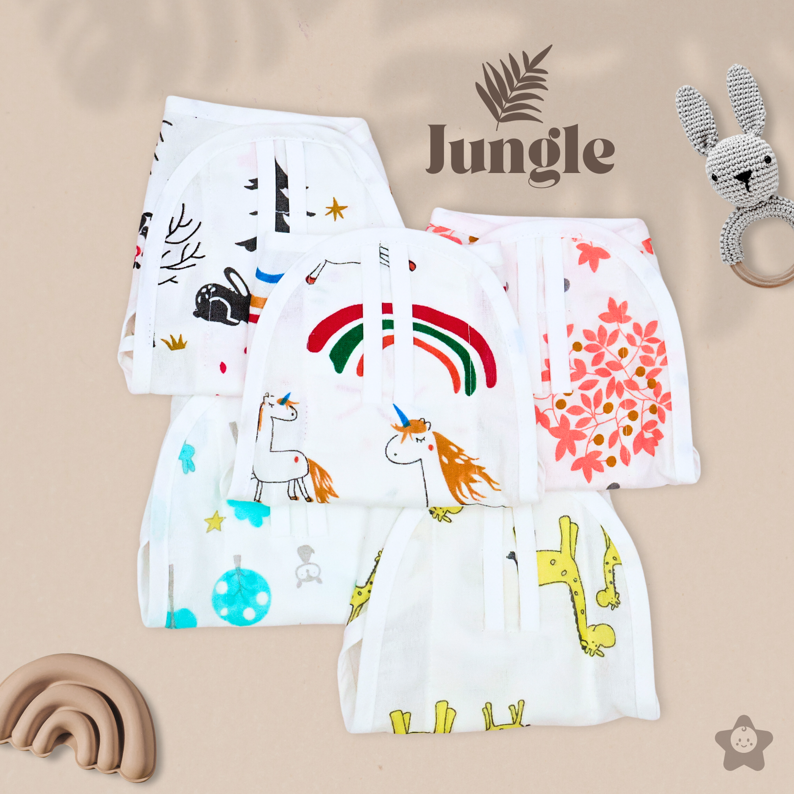 Kika Kiki Jungle Edition 100% Muslin Nappies - 100% Soft Cotton Langot (Pack of 5)