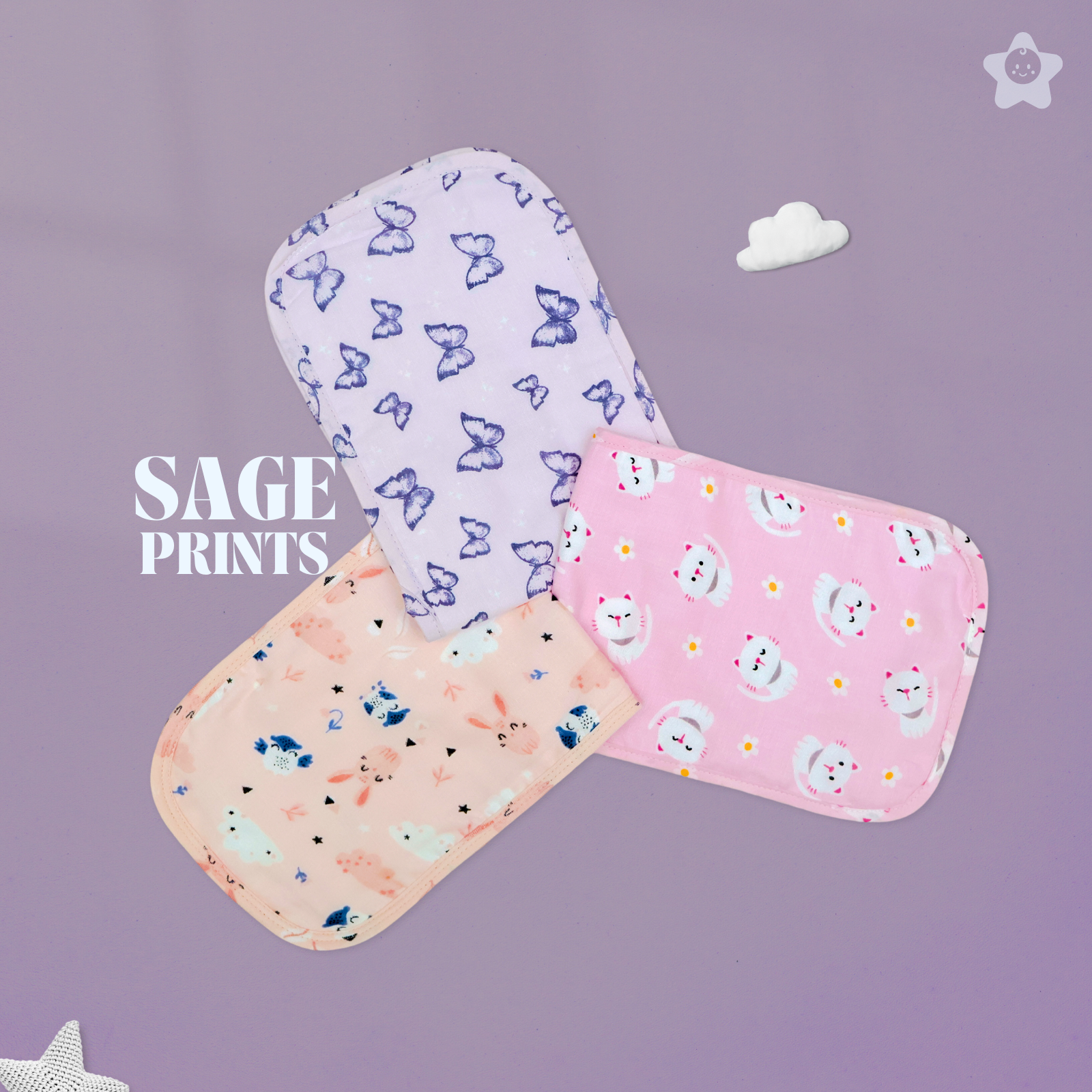 Kika Kiki Sage Prints Burp Cloth- 100% Soft Muslin Cotton (Pack of 3)