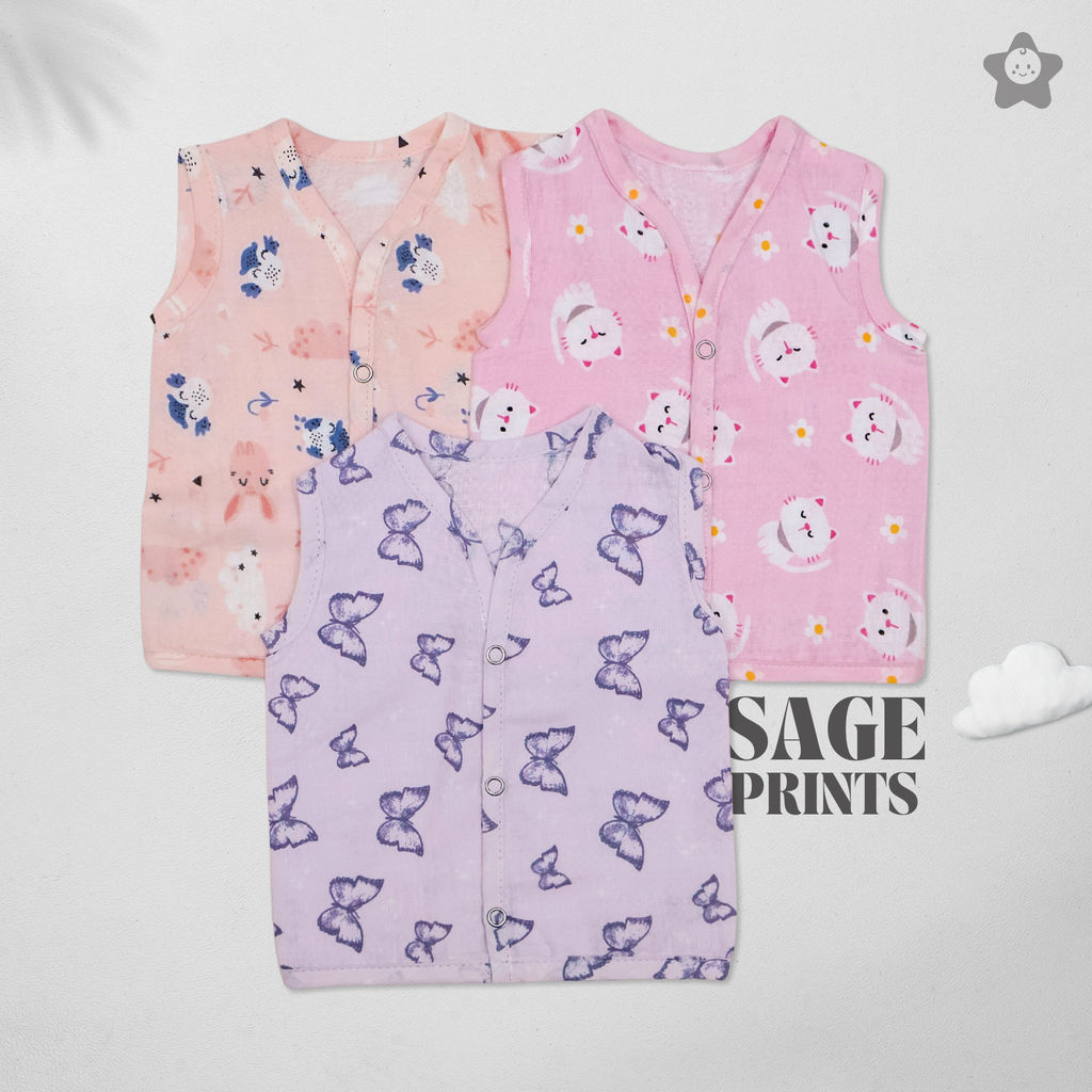Kika Kiki Sage Prints Muslin Jhabla - 100% Soft Muslin Cotton Unisex Button up Vest (Pack of 3)