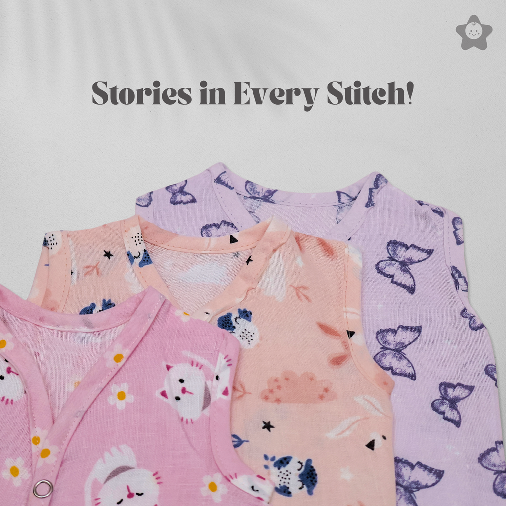 Kika Kiki Sage Prints Muslin Jhabla - 100% Soft Muslin Cotton Unisex Button up Vest (Pack of 3)