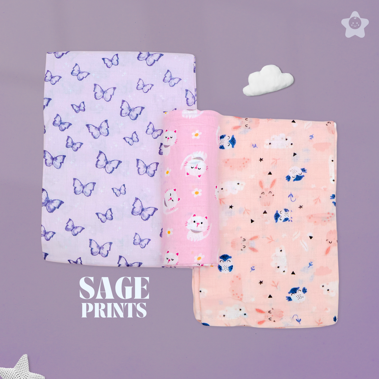 Kika Kiki Sage Prints Muslin Swaddle Blanket - Ultra soft 100% Muslin Cotton Swaddle Wrapper (pack of 3)