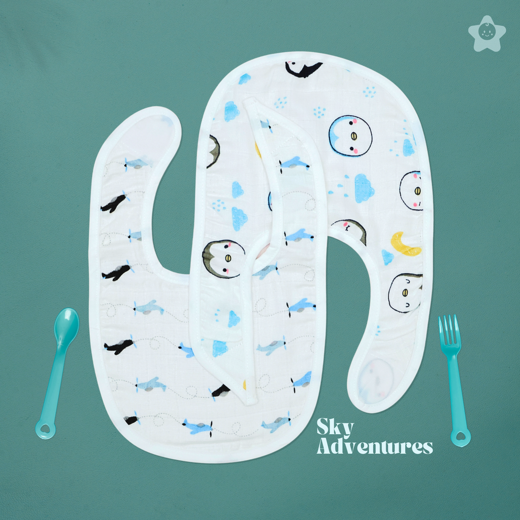 Kika Kiki Sky Adventures Print Baby Apron Bibs - 100% Soft Muslin Cotton (Pack of 2)