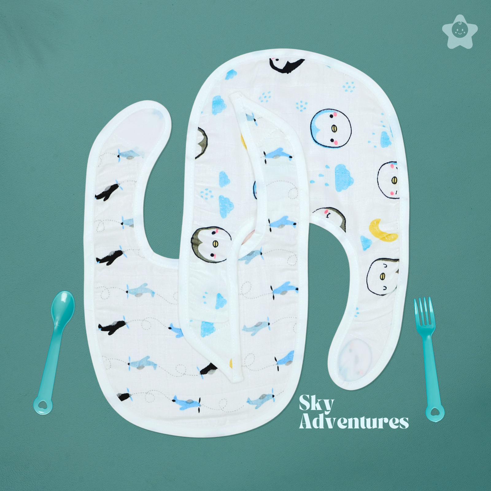 Kika Kiki Sky Adventures Print Baby Apron Bibs - 100% Soft Muslin Cotton (Pack of 2)