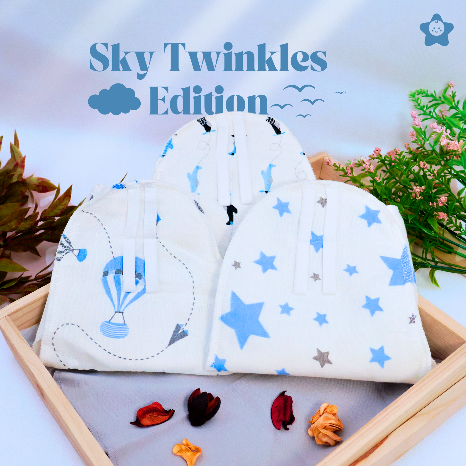 Kika Kiki Sky Twinkles Muslin Padded Nappies - 100% Soft Cotton Langot (Pack of 3)