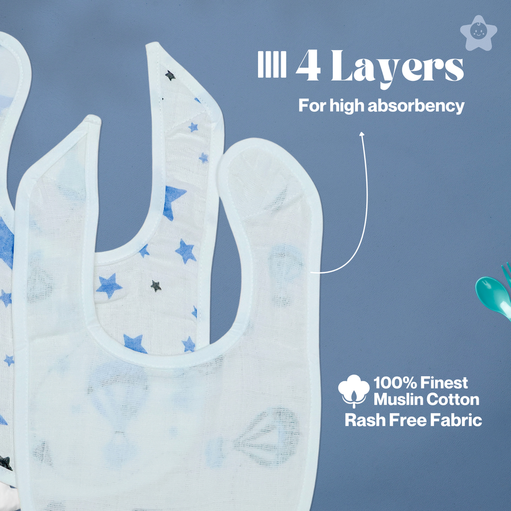Kika Kiki Sky Twinkle Baby Apron Bibs - 100% Soft Muslin Cotton (Pack of 2)