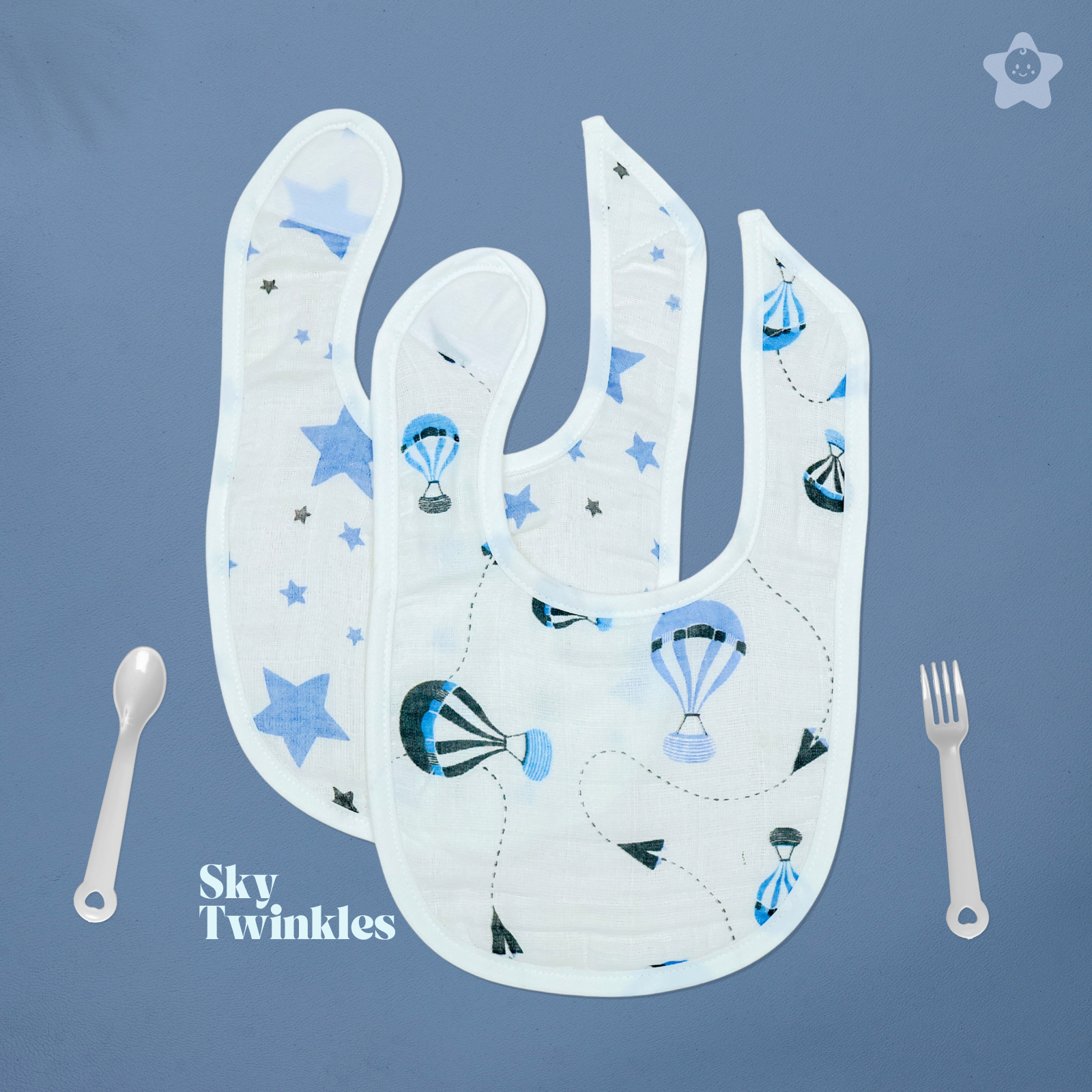 Kika Kiki Sky Twinkle Baby Apron Bibs - 100% Soft Muslin Cotton (Pack of 2)