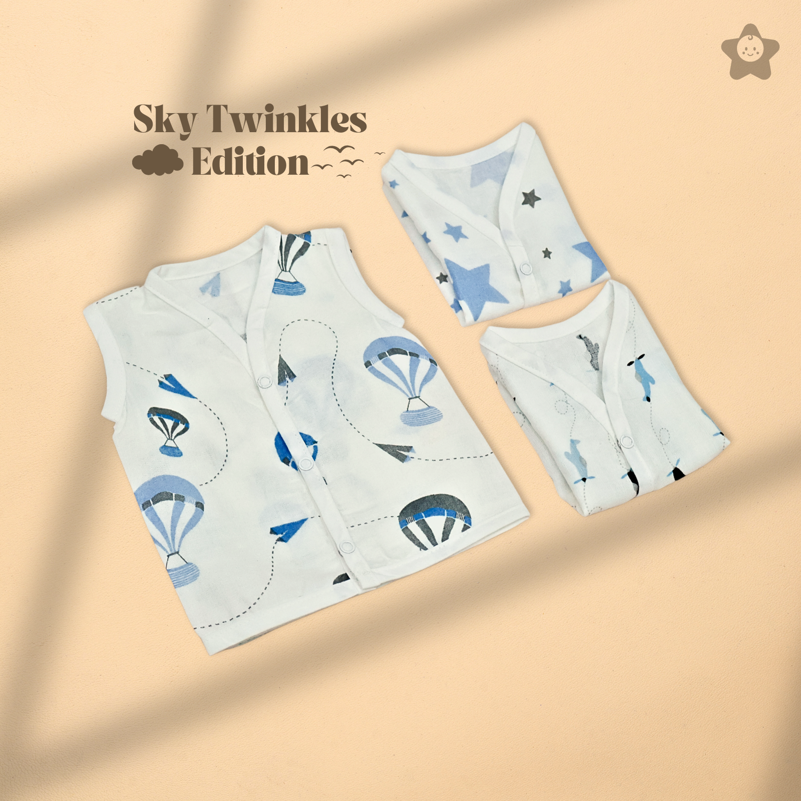 Kika Kiki Sky Twinkles edition Muslin Jhabla - 100% Soft Muslin Cotton Unisex Button up Vest (Pack of 3)