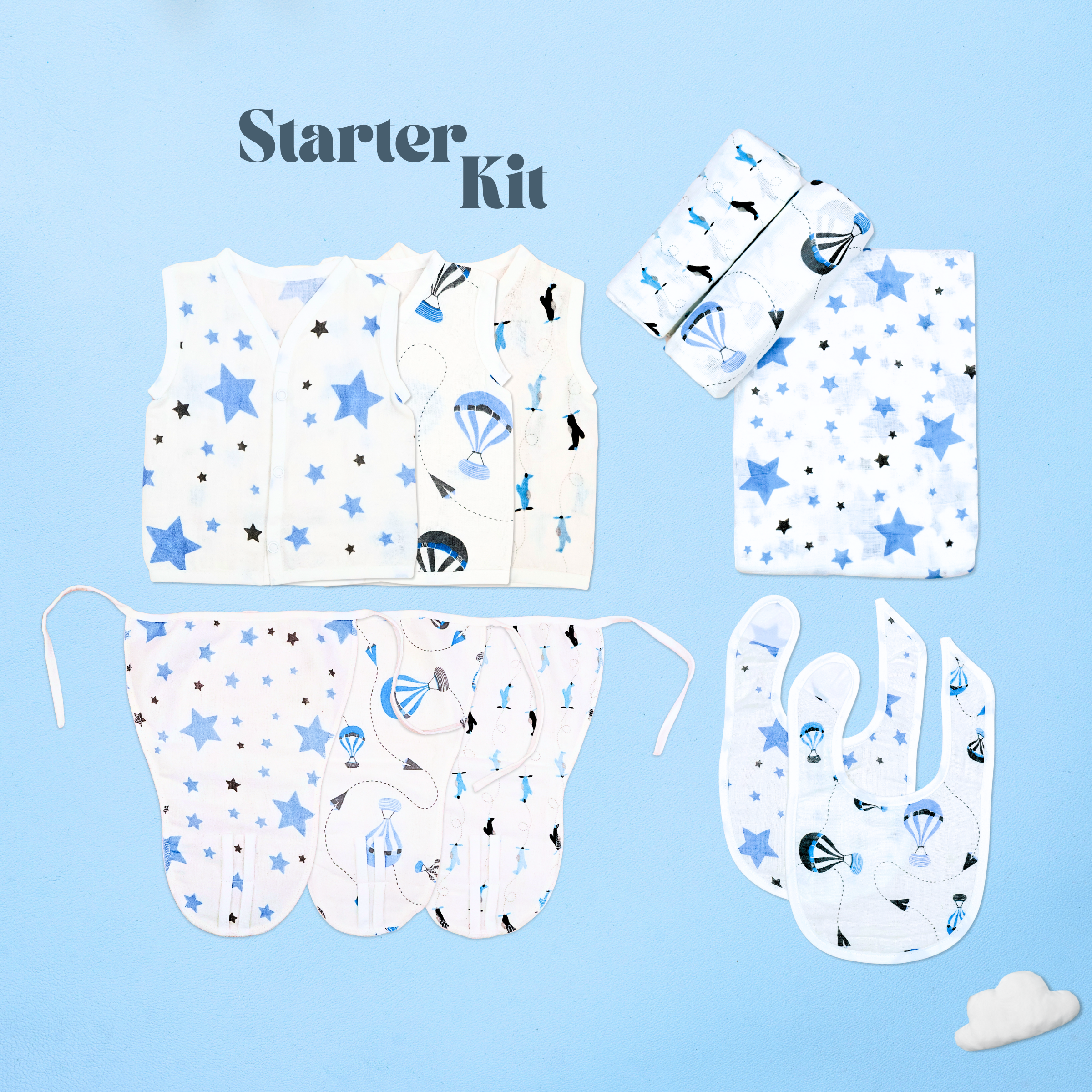 Kika Kiki Sky Twinkles Starter Kit - Muslin Essentials - Jhabla, Nappies, Swaddles and Bibs