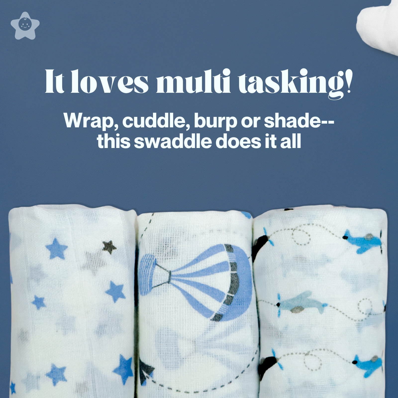 Kika Kiki Sky Twinkle Muslin Swaddle Blanket - Ultra soft 100% Muslin Cotton Swaddle Wrapper (pack of 3)