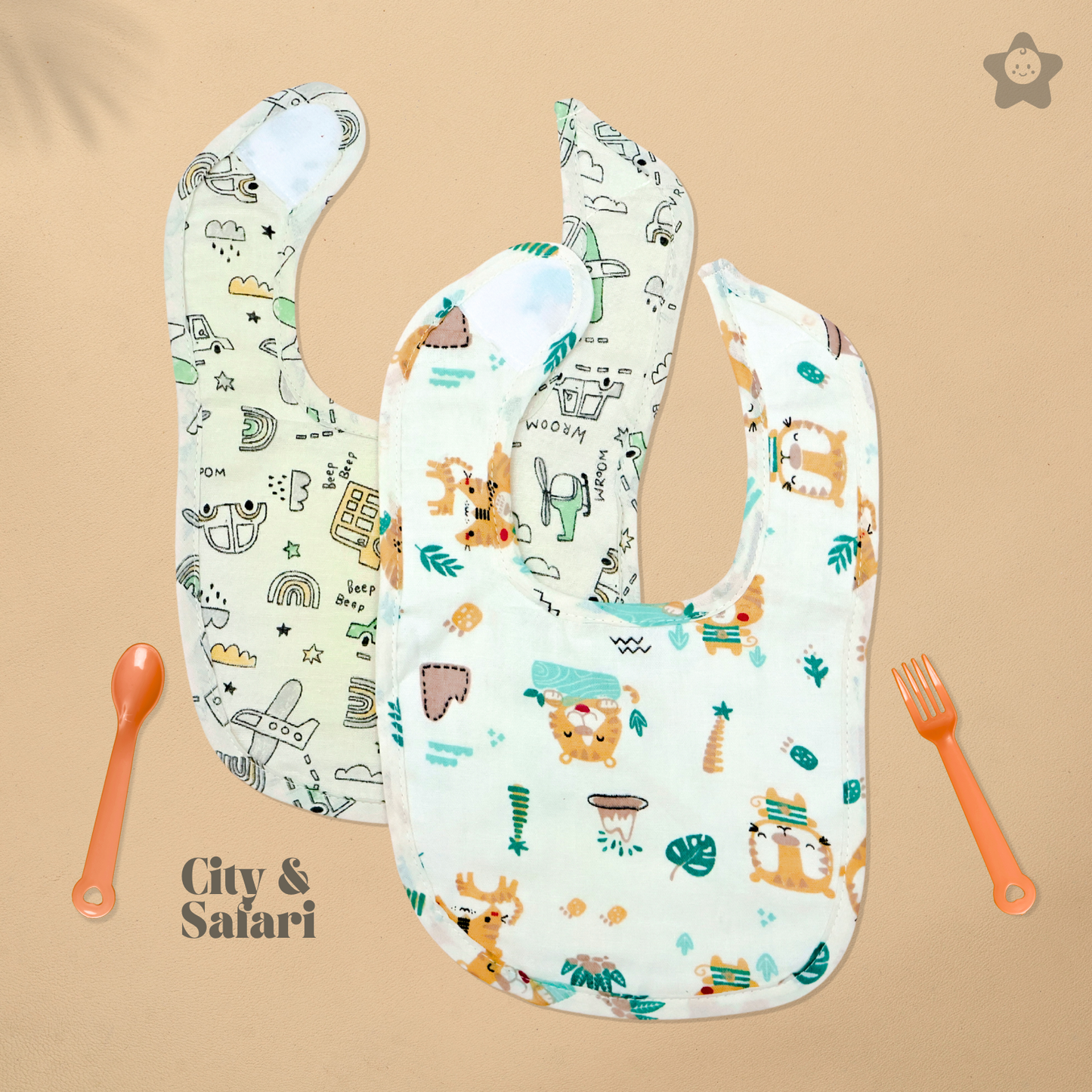 Kika Kiki City & Safari Baby Apron Bibs - 100% Soft Muslin Cotton (Pack of 2)