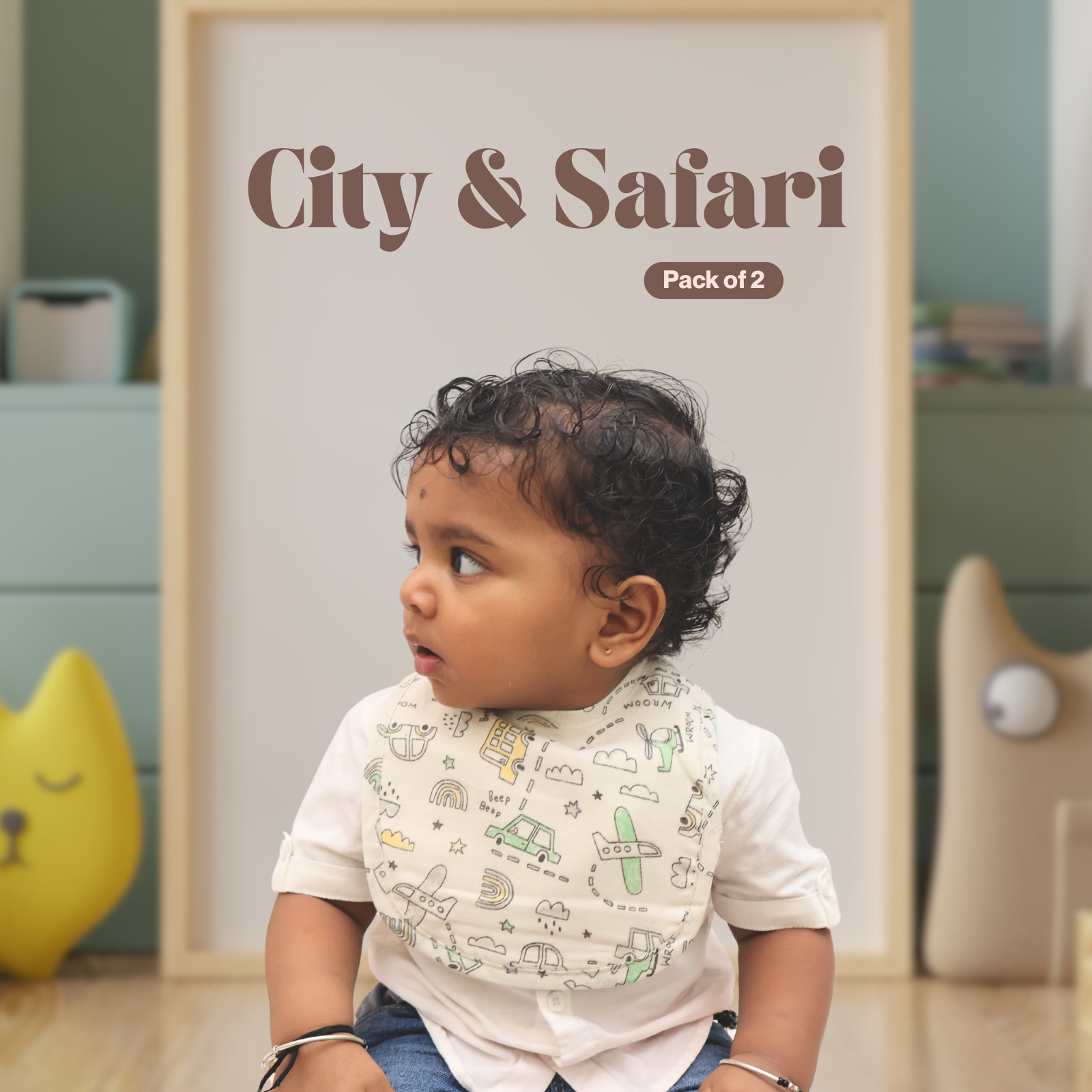 Kika Kiki City & Safari Baby Apron Bibs - 100% Soft Muslin Cotton (Pack of 2)