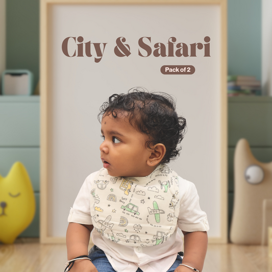 City & Safari Baby Apron Bibs - 100% Soft Muslin Cotton (Pack of 2)