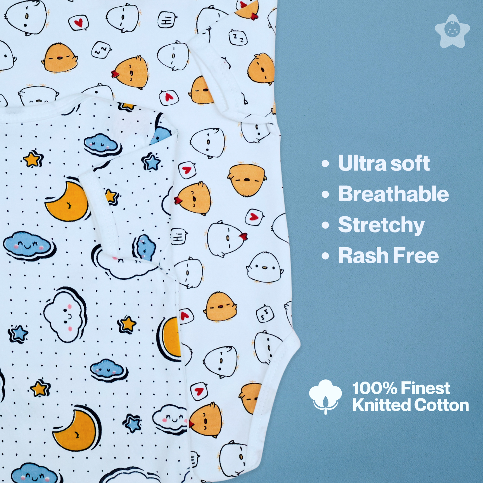 Kika Kiki Buddy Prints BodySuits - 100% Ultra Soft Knitted Cotton Unisex Onesies (Pack of 2)