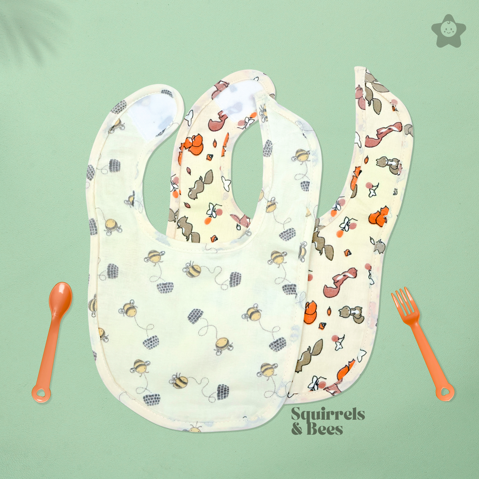 Kika Kiki Squirrels & Bees Duo Baby Apron Bibs - 100% Soft Muslin Cotton (Pack of 2)