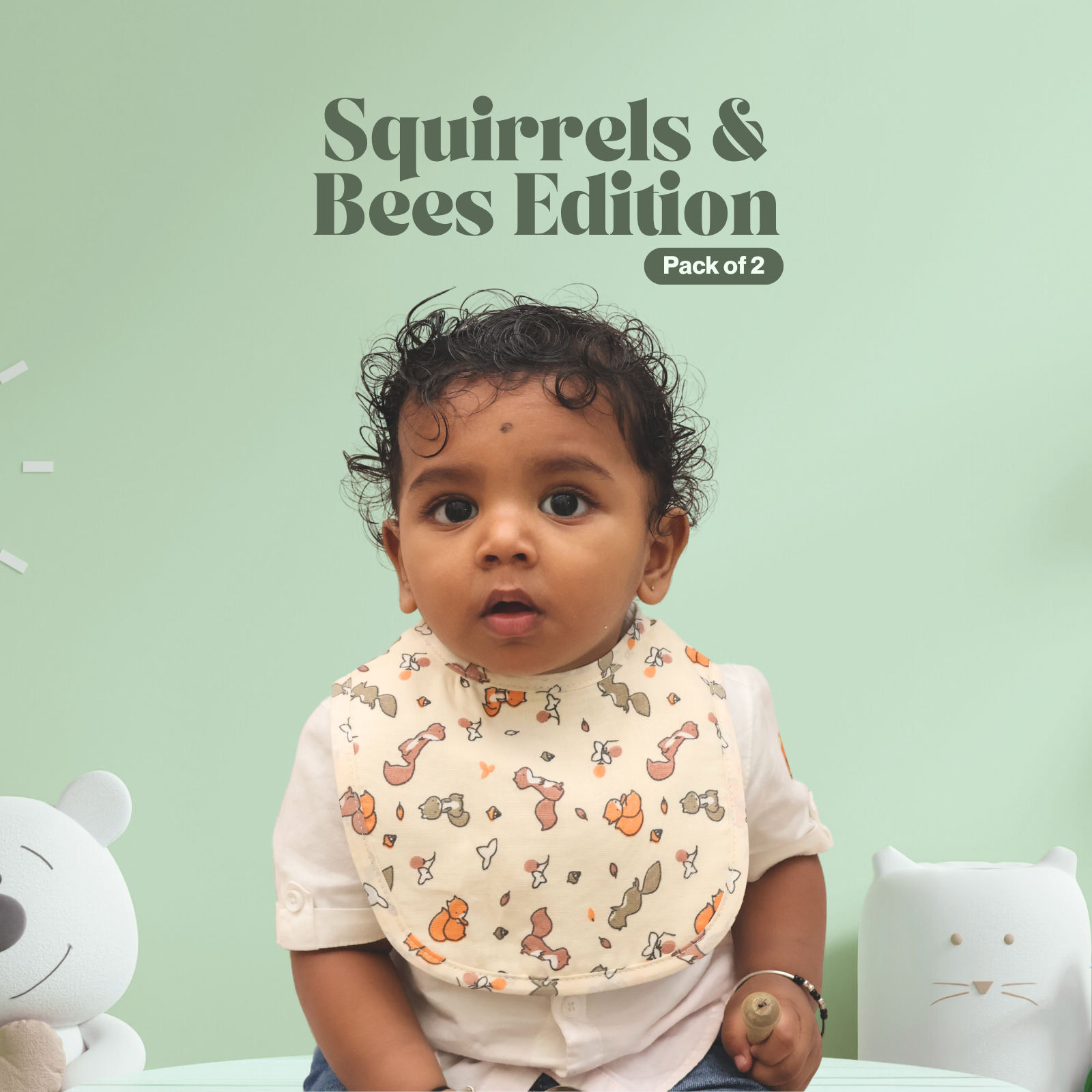 Kika Kiki Squirrels & Bees Duo Baby Apron Bibs - 100% Soft Muslin Cotton (Pack of 2)