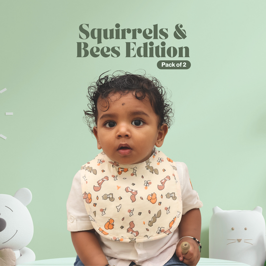 Squirrels & Bees Duo Baby Apron Bibs - 100% Soft Muslin Cotton (Pack of 2)