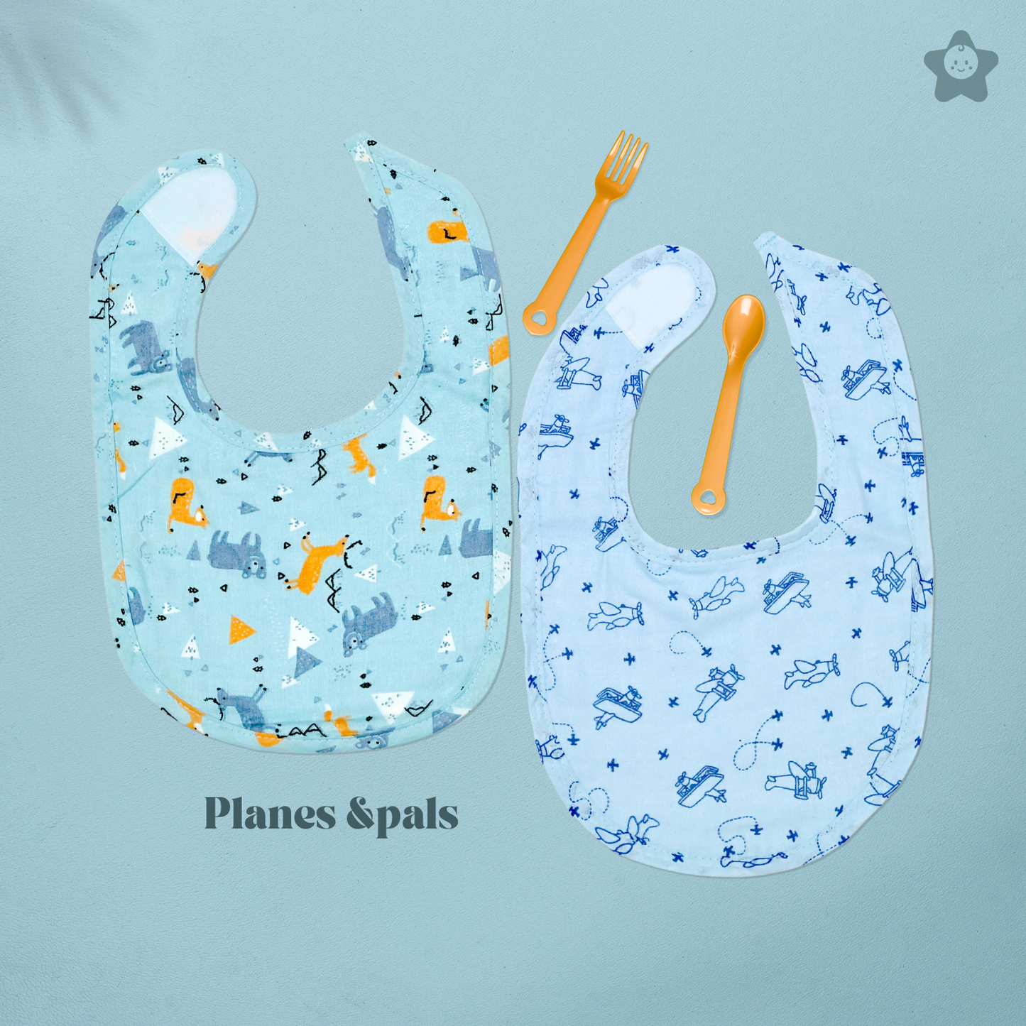 Kika Kiki Planes & Pals Baby Apron Bibs - 100% Soft Muslin Cotton (Pack of 2)