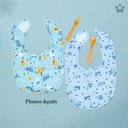 Kika Kiki Planes & Pals Baby Apron Bibs - 100% Soft Muslin Cotton (Pack of 2)