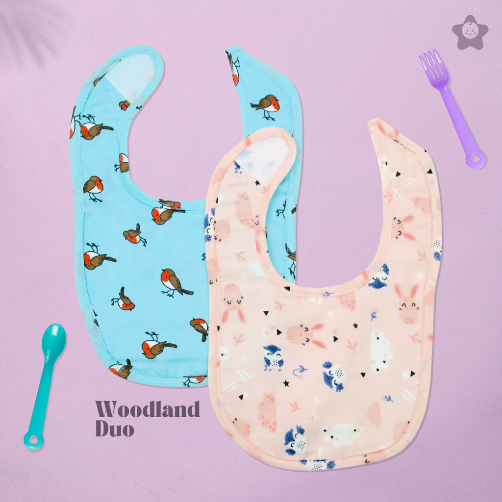 Kika Kiki Woodland Duo Baby Apron Bibs - 100% Soft Muslin Cotton (Pack of 2)